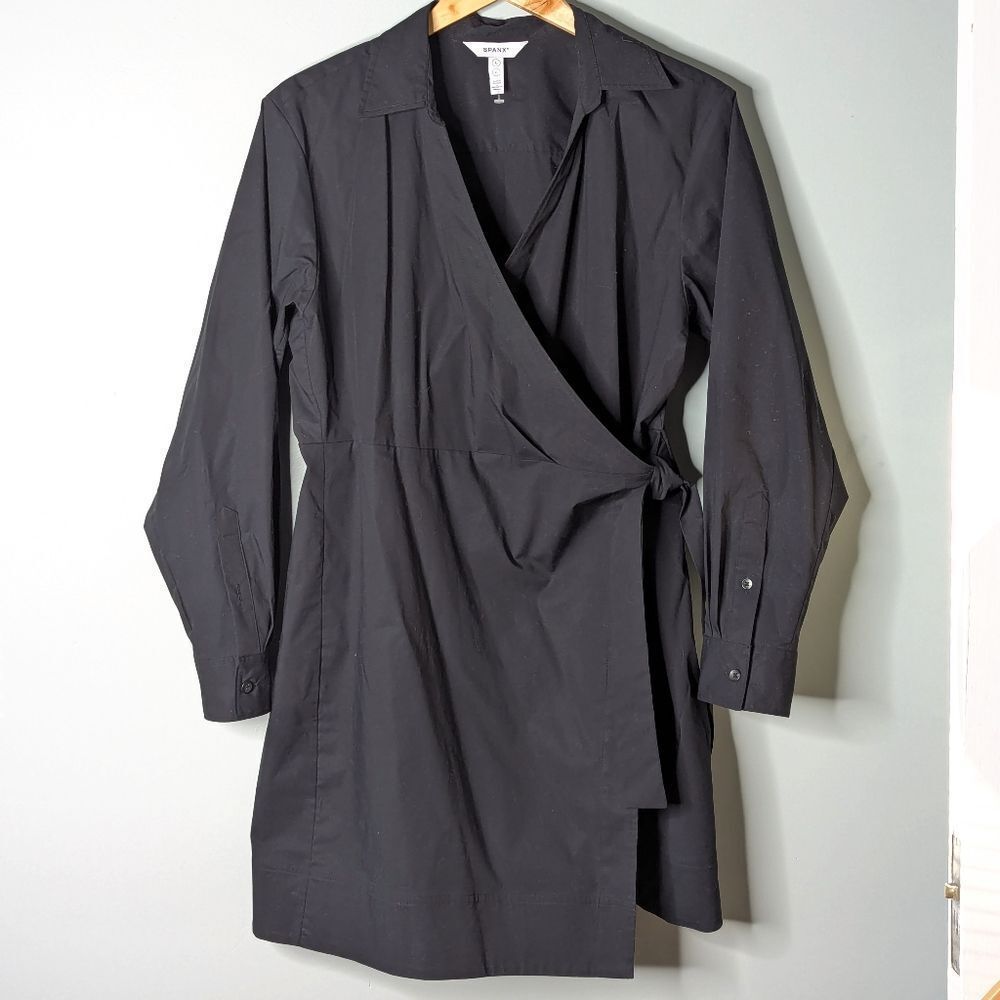 SPANX Black Stretch Cotton V Neck Collared Long Sleeve Wrap Dress Size L